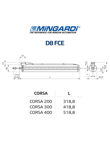 D8 FCE Mingardi - Attuatore elettrico a stelo per finestre a sporgere e lucernari