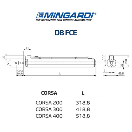 D8 FCE Mingardi - Attuatore elettrico a stelo per finestre a sporgere e lucernari